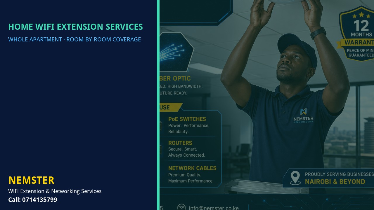 Home WiFi Extension Services | Multi Room Coverage | Nemster Modern apartment with multi-room WiFi coverage reaching lounge and bedrooms — Home WiFi Extension Services by Nemster in Nairobi & Kenya