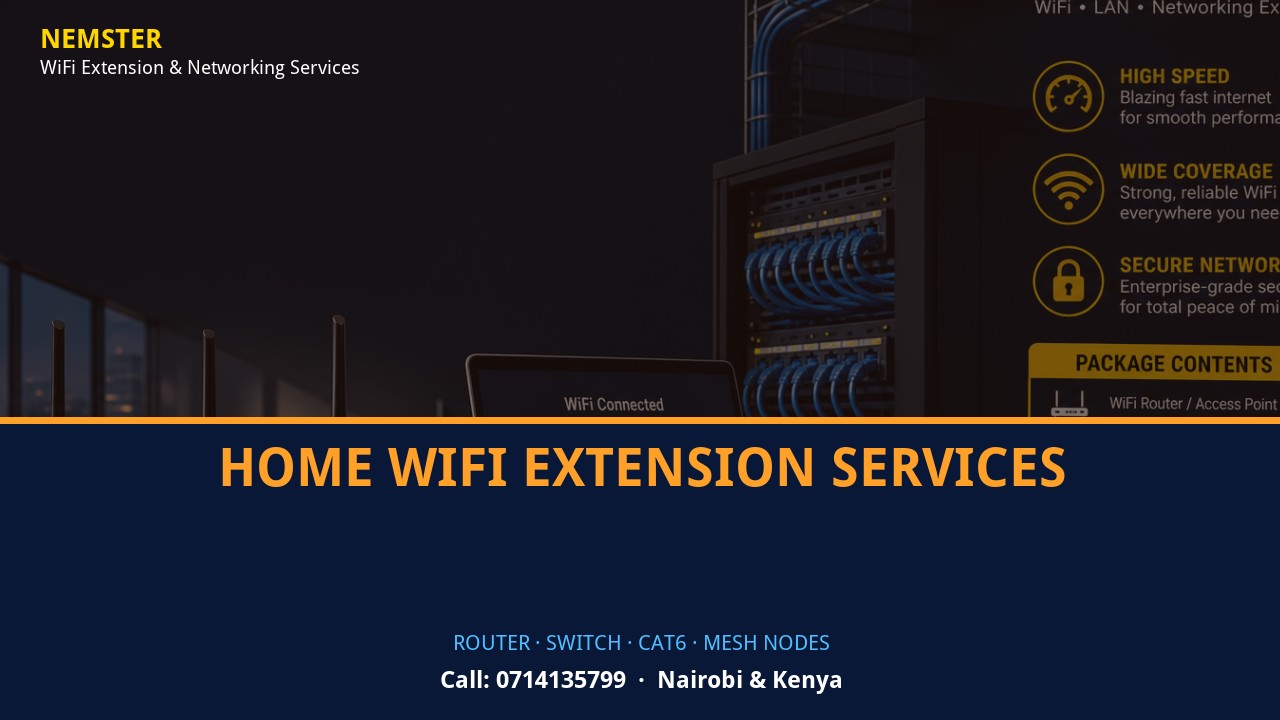 Home WiFi Extension Services | Networking Equipment | Nemster Close-up of router, PoE switch, Cat6 cabling and professional networking equipment — Home WiFi Extension Services by Nemster in Nairobi & Kenya