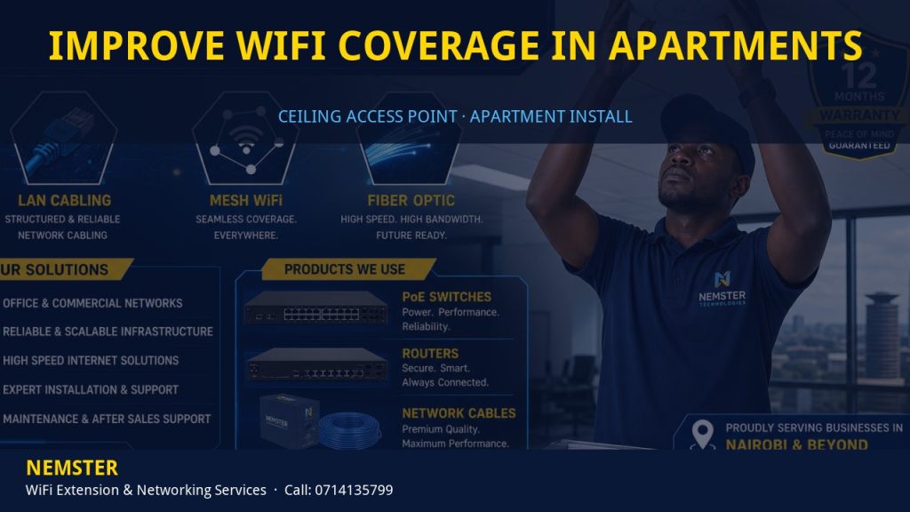 Technician installing a ceiling WiFi access point in an apartment corridor — Improve WiFi Coverage in Apartments by Nemster in Nairobi & Kenya