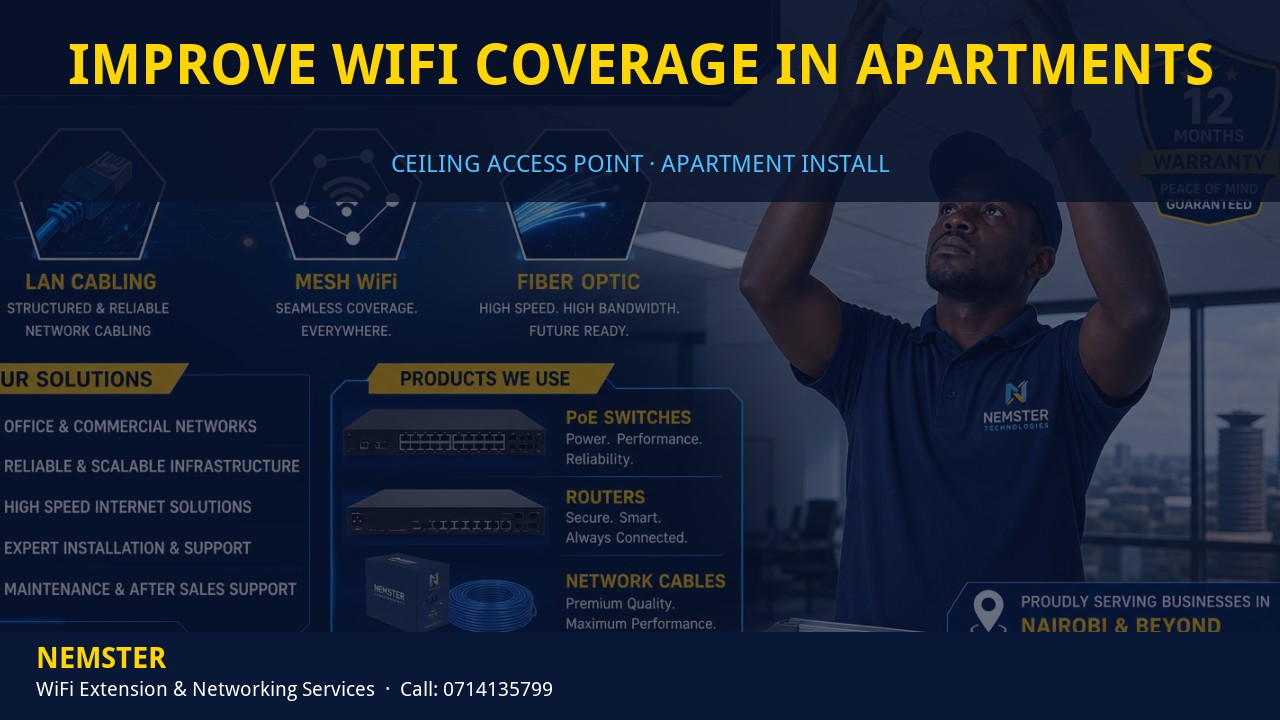 Technician installing a ceiling WiFi access point in an apartment corridor — Improve WiFi Coverage in Apartments by Nemster in Nairobi & Kenya