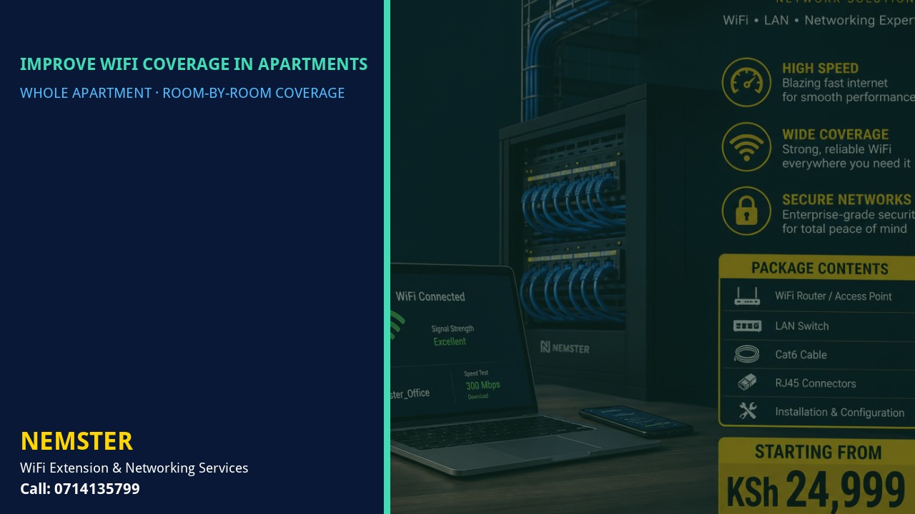 Modern apartment with multi-room WiFi coverage reaching lounge and bedrooms — Improve WiFi Coverage in Apartments by Nemster in Nairobi & Kenya