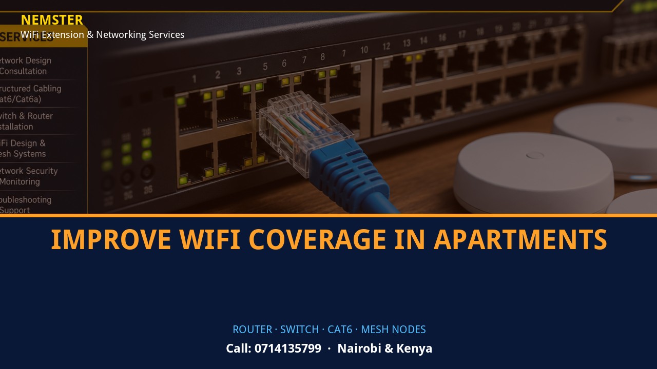Close-up of router, PoE switch, Cat6 cabling and professional networking equipment — Improve WiFi Coverage in Apartments by Nemster in Nairobi & Kenya