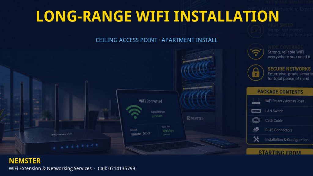 Technician installing a ceiling WiFi access point in an apartment corridor — Long-Range WiFi Installation by Nemster in Nairobi & Kenya