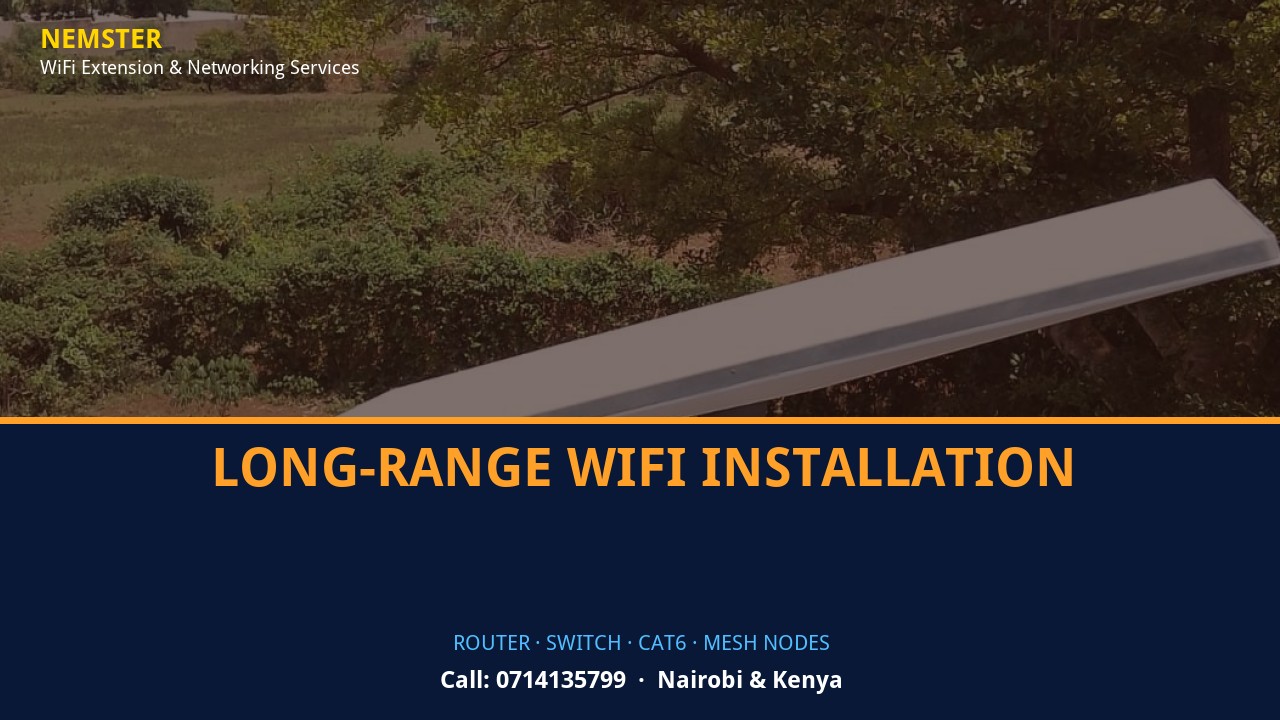 Close-up of router, PoE switch, Cat6 cabling and professional networking equipment — Long-Range WiFi Installation by Nemster in Nairobi & Kenya