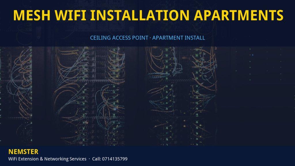 Technician installing a ceiling WiFi access point in an apartment corridor — Mesh WiFi Installation Apartments by Nemster in Nairobi & Kenya