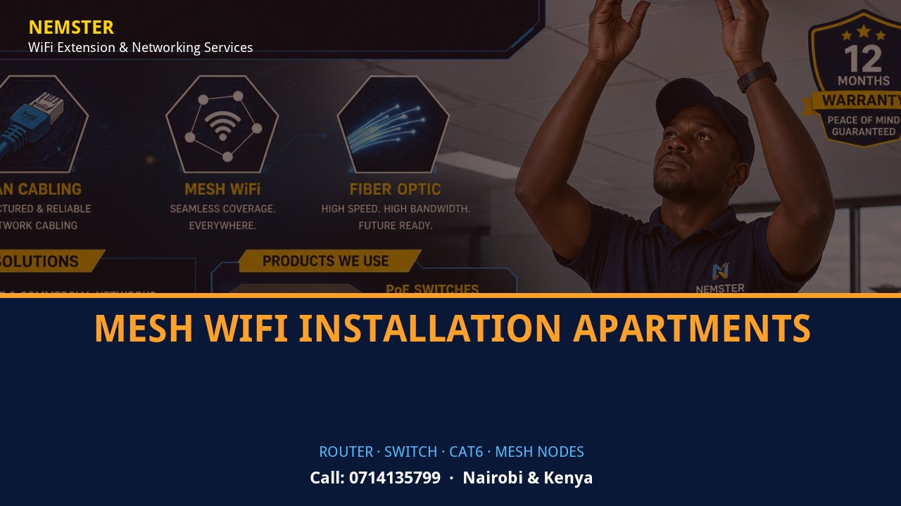 Close-up of router, PoE switch, Cat6 cabling and professional networking equipment — Mesh WiFi Installation Apartments by Nemster in Nairobi & Kenya