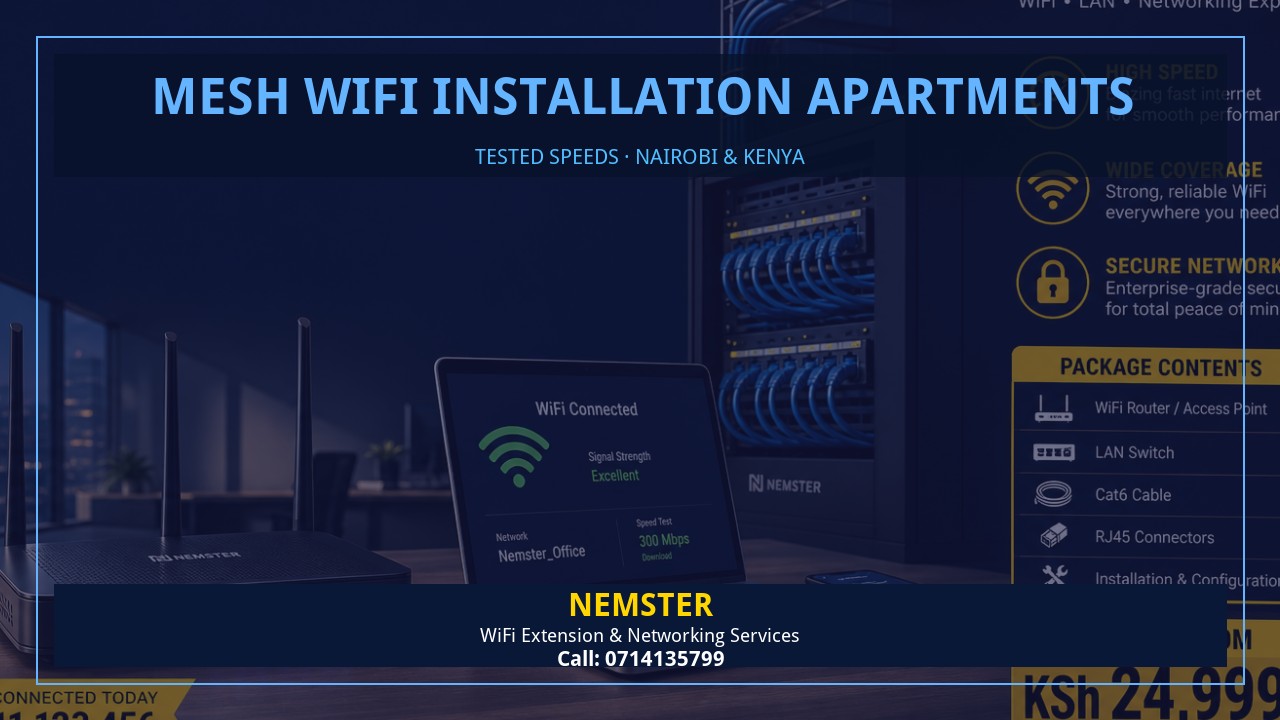 Resident using a laptop in an apartment with strong reliable WiFi coverage — Mesh WiFi Installation Apartments by Nemster in Nairobi & Kenya