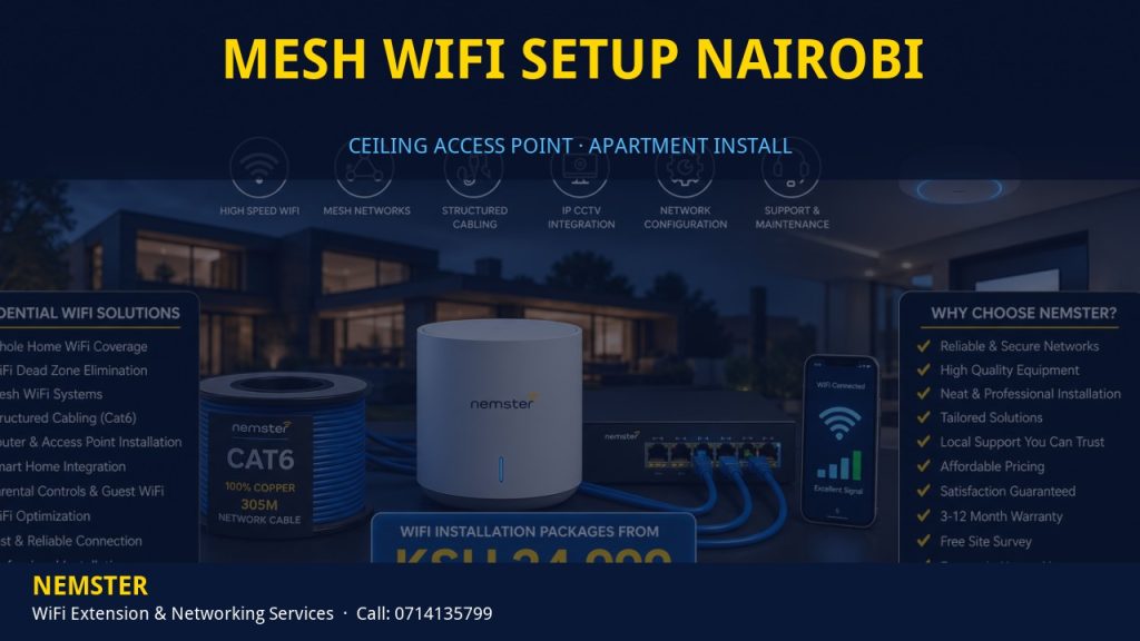 Technician installing a ceiling WiFi access point in an apartment corridor — Mesh WiFi Setup Nairobi by Nemster in Nairobi & Kenya