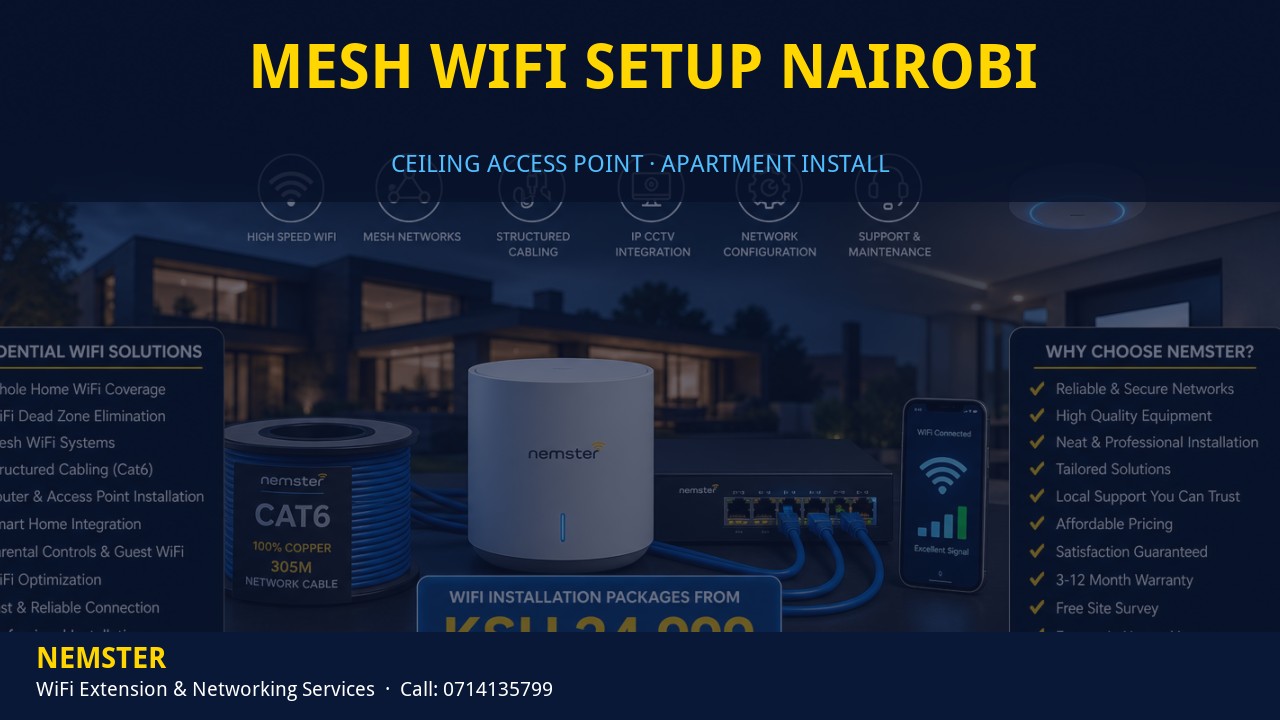 Technician installing a ceiling WiFi access point in an apartment corridor — Mesh WiFi Setup Nairobi by Nemster in Nairobi & Kenya