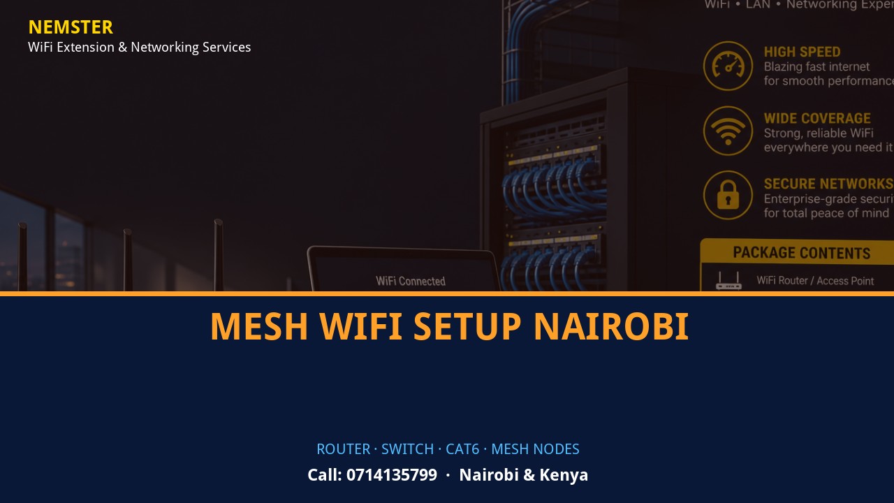 Close-up of router, PoE switch, Cat6 cabling and professional networking equipment — Mesh WiFi Setup Nairobi by Nemster in Nairobi & Kenya