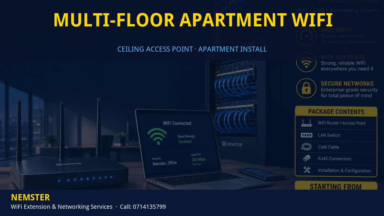 Technician installing a ceiling WiFi access point in an apartment corridor — Multi-Floor Apartment WiFi by Nemster in Nairobi & Kenya