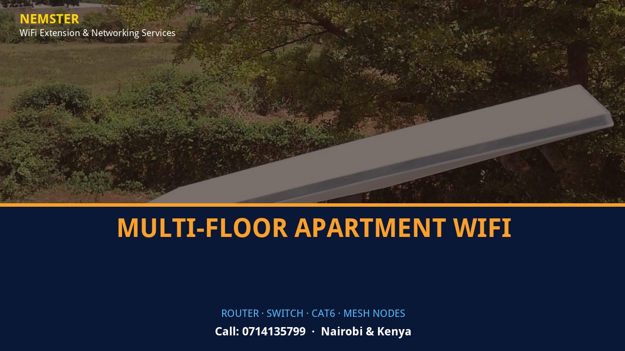 Close-up of router, PoE switch, Cat6 cabling and professional networking equipment — Multi-Floor Apartment WiFi by Nemster in Nairobi & Kenya