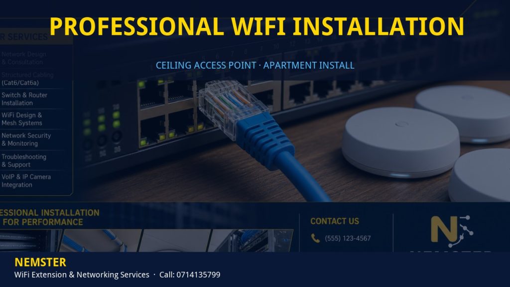 Technician installing a ceiling WiFi access point in an apartment corridor — Professional WiFi Installation by Nemster in Nairobi & Kenya
