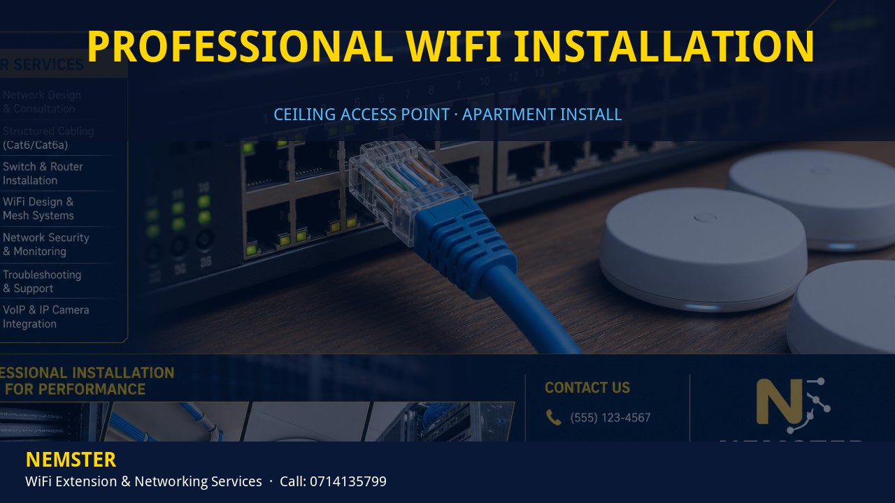 Technician installing a ceiling WiFi access point in an apartment corridor — Professional WiFi Installation by Nemster in Nairobi & Kenya