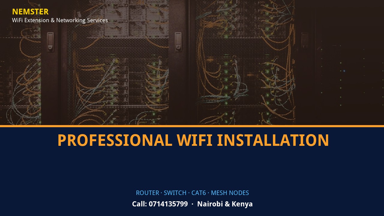 Close-up of router, PoE switch, Cat6 cabling and professional networking equipment — Professional WiFi Installation by Nemster in Nairobi & Kenya