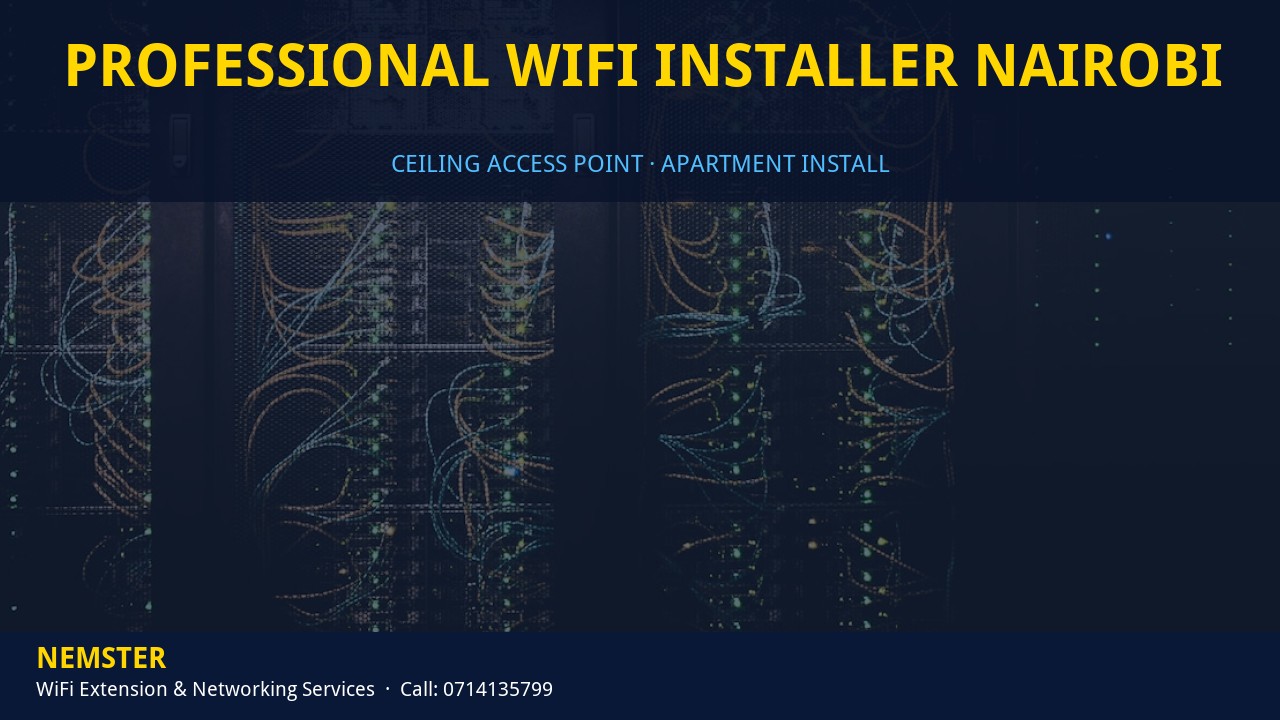 Technician installing a ceiling WiFi access point in an apartment corridor — Professional WiFi Installer Nairobi by Nemster in Nairobi & Kenya