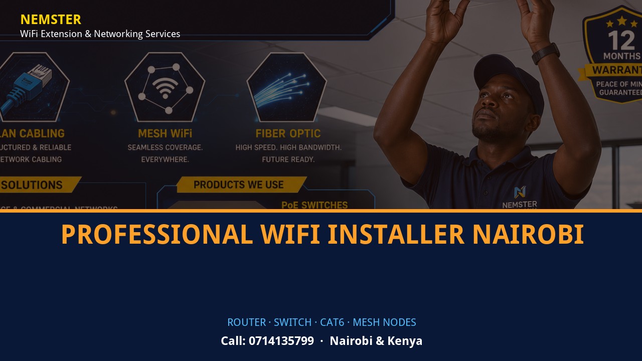 Close-up of router, PoE switch, Cat6 cabling and professional networking equipment — Professional WiFi Installer Nairobi by Nemster in Nairobi & Kenya