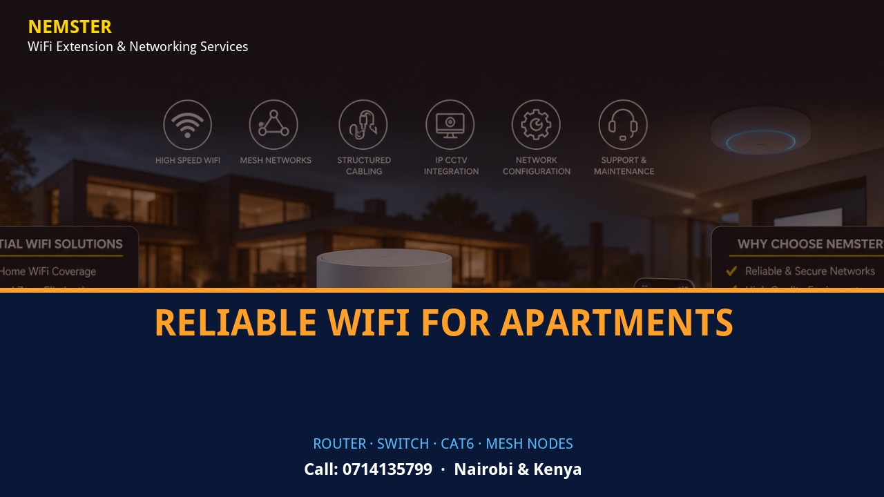 Close-up of router, PoE switch, Cat6 cabling and professional networking equipment — Reliable WiFi for Apartments by Nemster in Nairobi & Kenya