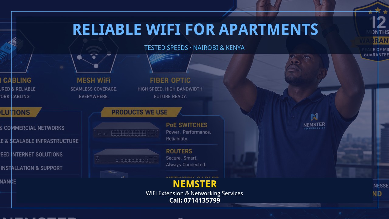 Resident using a laptop in an apartment with strong reliable WiFi coverage — Reliable WiFi for Apartments by Nemster in Nairobi & Kenya