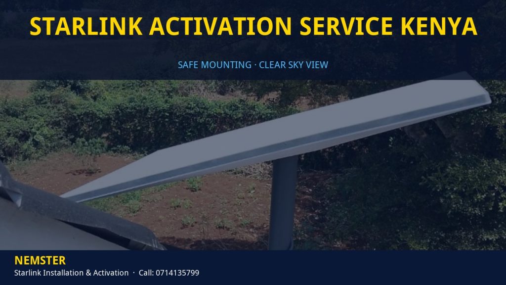 Technician mounting a Starlink dish with a clear view of the sky - Starlink Activation Service Kenya by Nemster