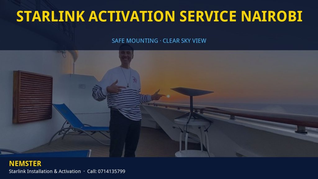 Technician mounting a Starlink dish with a clear view of the sky - Starlink Activation Service Nairobi by Nemster
