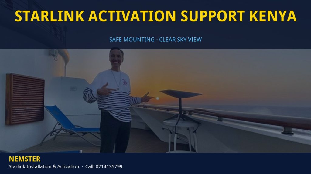 Technician mounting a Starlink dish with a clear view of the sky - Starlink Activation Support Kenya by Nemster