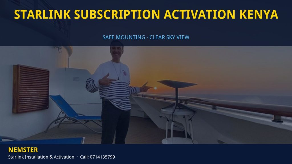 Technician mounting a Starlink dish with a clear view of the sky - Starlink Subscription Activation Kenya by Nemster