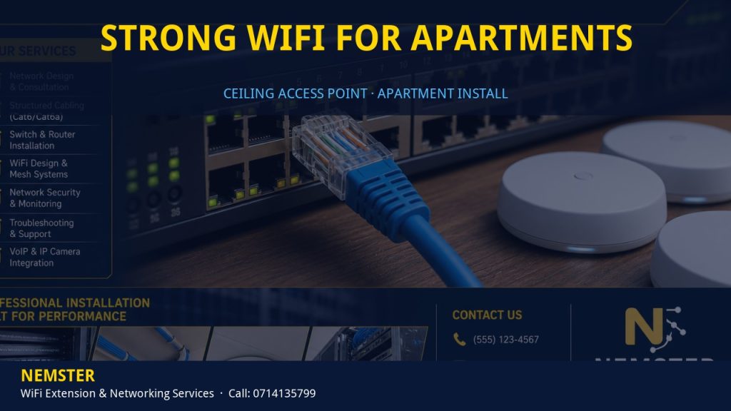 Technician installing a ceiling WiFi access point in an apartment corridor — Strong WiFi for Apartments by Nemster in Nairobi & Kenya