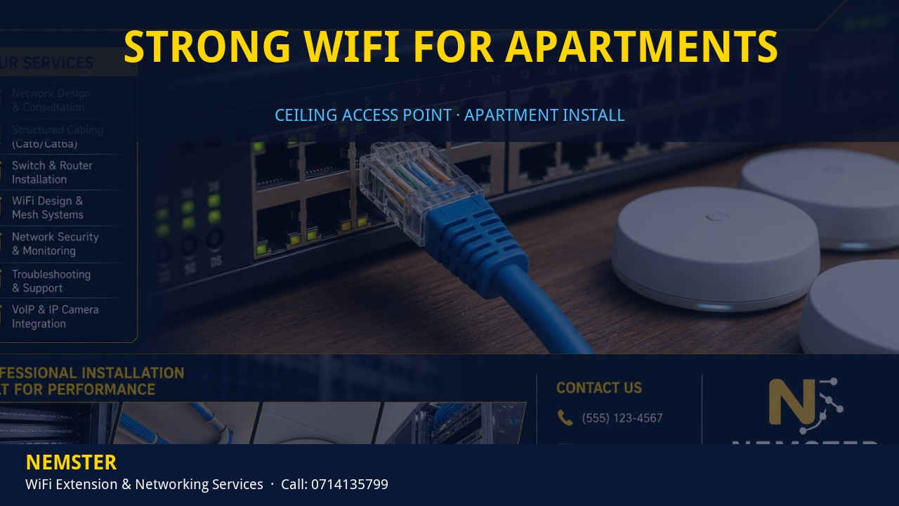 Strong WiFi for Apartments | Ceiling Ap Install | Nemster Technician installing a ceiling WiFi access point in an apartment corridor — Strong WiFi for Apartments by Nemster in Nairobi & Kenya
