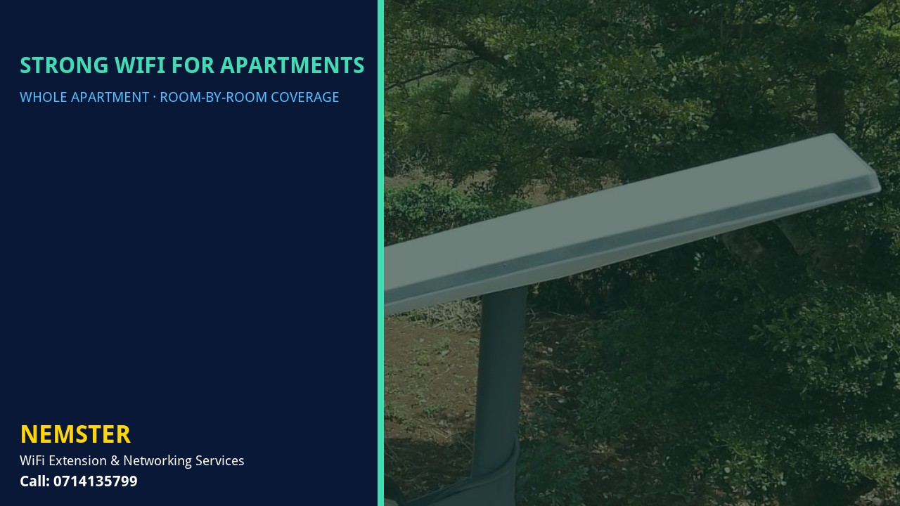 Strong WiFi for Apartments | Multi Room Coverage | Nemster Modern apartment with multi-room WiFi coverage reaching lounge and bedrooms — Strong WiFi for Apartments by Nemster in Nairobi & Kenya