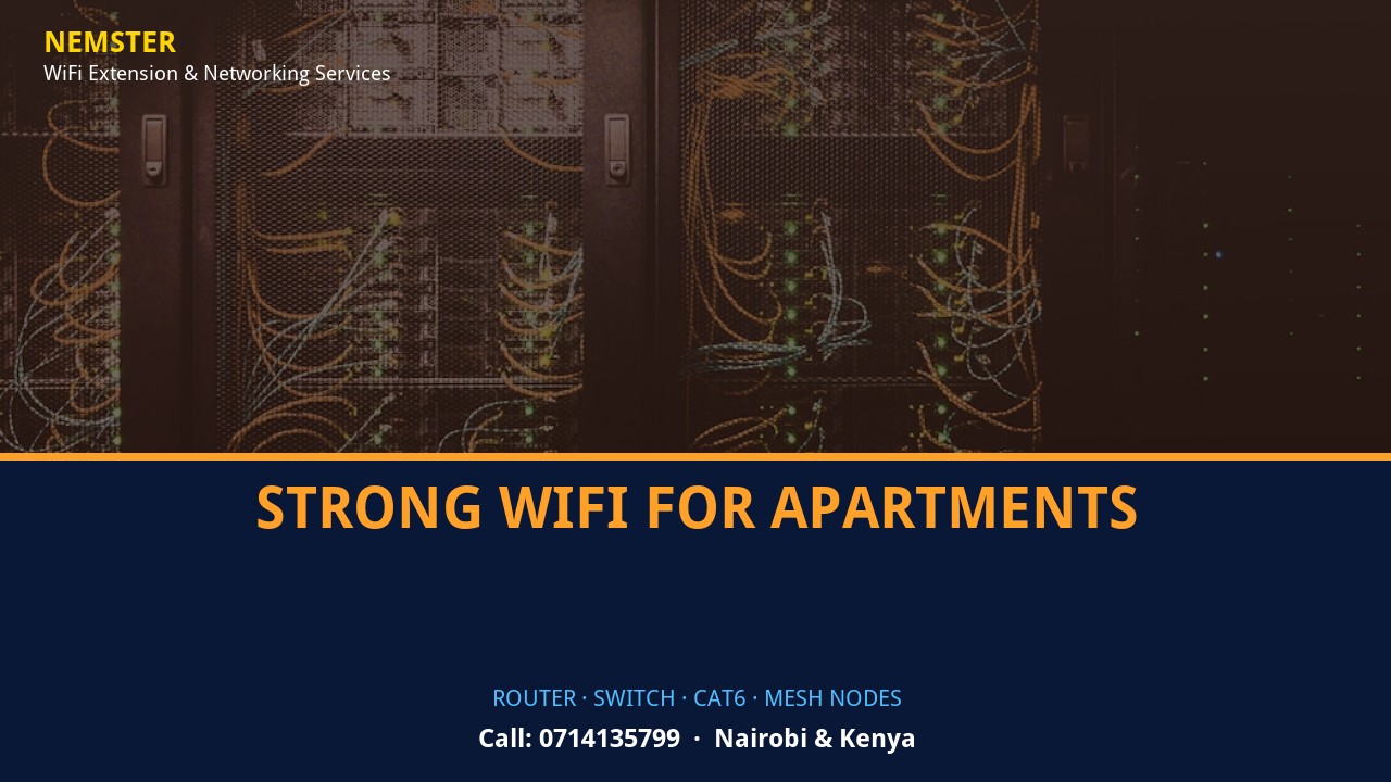 Strong WiFi for Apartments | Networking Equipment | Nemster Close-up of router, PoE switch, Cat6 cabling and professional networking equipment — Strong WiFi for Apartments by Nemster in Nairobi & Kenya