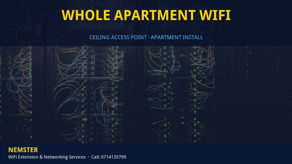 Technician installing a ceiling WiFi access point in an apartment corridor — Whole Apartment WiFi by Nemster in Nairobi & Kenya
