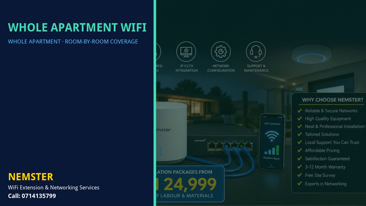Modern apartment with multi-room WiFi coverage reaching lounge and bedrooms — Whole Apartment WiFi by Nemster in Nairobi & Kenya
