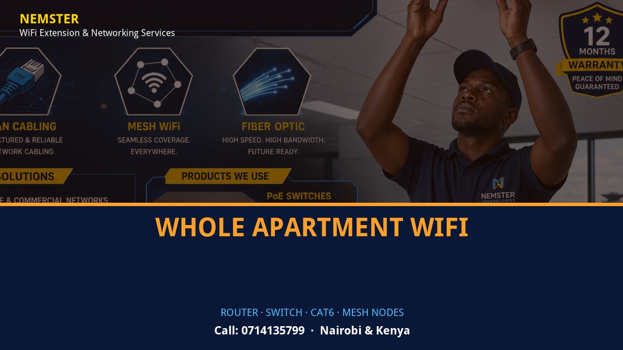 Close-up of router, PoE switch, Cat6 cabling and professional networking equipment — Whole Apartment WiFi by Nemster in Nairobi & Kenya
