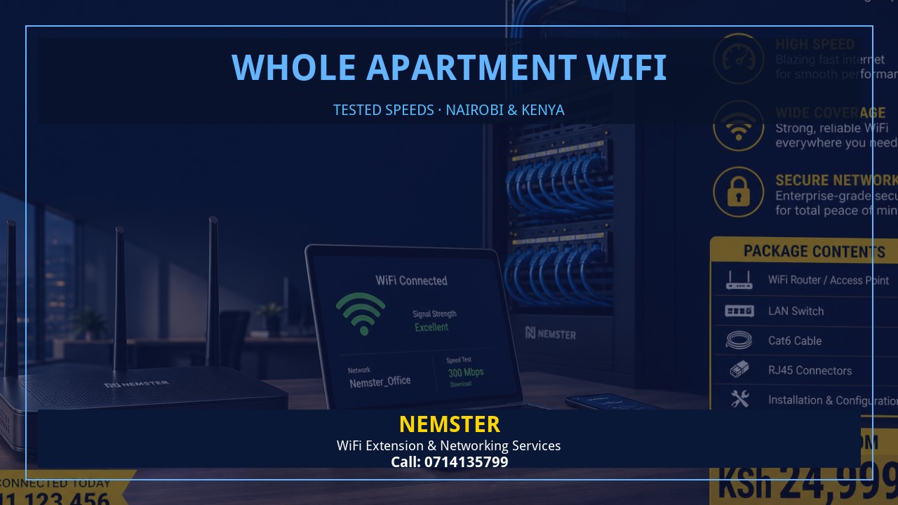 Resident using a laptop in an apartment with strong reliable WiFi coverage — Whole Apartment WiFi by Nemster in Nairobi & Kenya