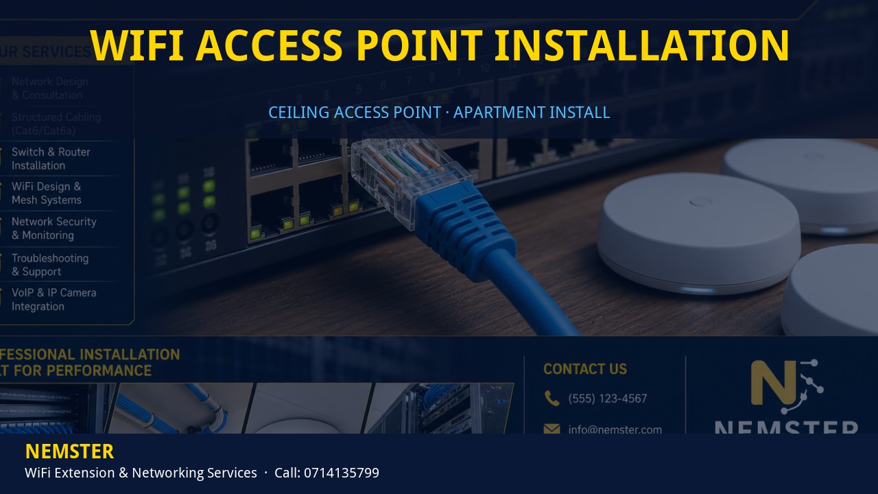 Technician installing a ceiling WiFi access point in an apartment corridor — WiFi Access Point Installation by Nemster in Nairobi & Kenya