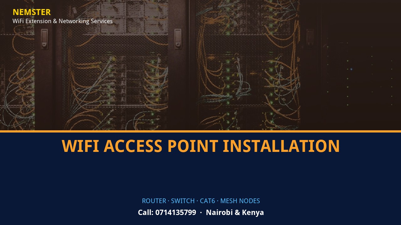 Close-up of router, PoE switch, Cat6 cabling and professional networking equipment — WiFi Access Point Installation by Nemster in Nairobi & Kenya