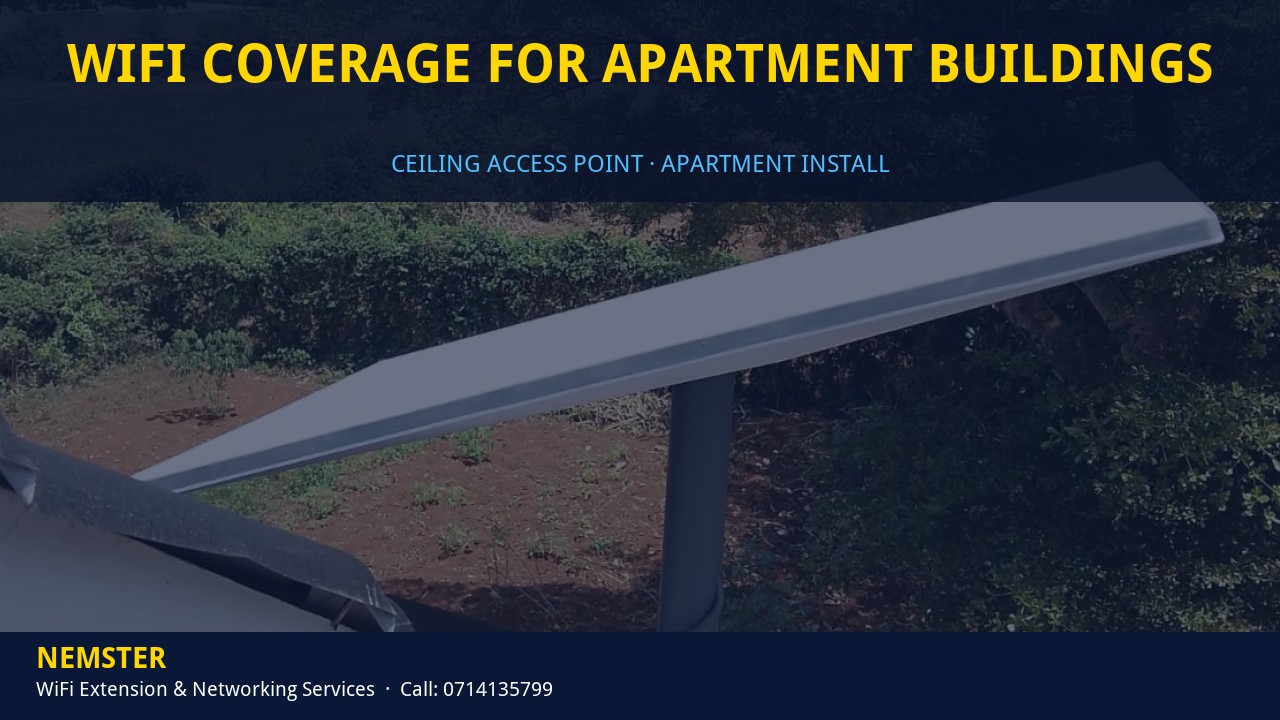 Technician installing a ceiling WiFi access point in an apartment corridor — WiFi Coverage for Apartment Buildings by Nemster in Nairobi & Kenya