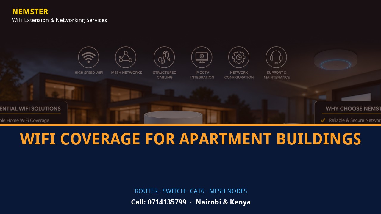 Close-up of router, PoE switch, Cat6 cabling and professional networking equipment — WiFi Coverage for Apartment Buildings by Nemster in Nairobi & Kenya