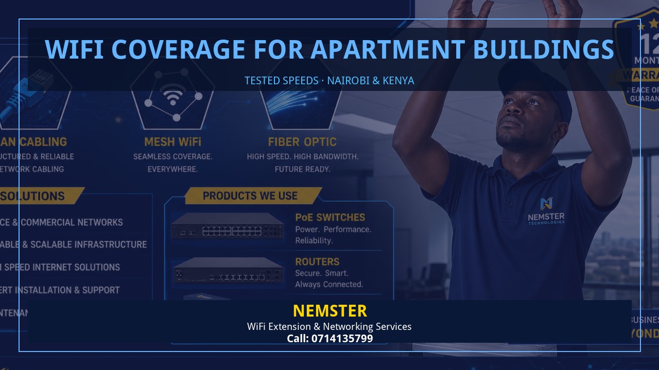 Resident using a laptop in an apartment with strong reliable WiFi coverage — WiFi Coverage for Apartment Buildings by Nemster in Nairobi & Kenya