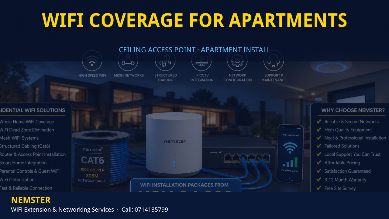Technician installing a ceiling WiFi access point in an apartment corridor — WiFi Coverage for Apartments by Nemster in Nairobi & Kenya