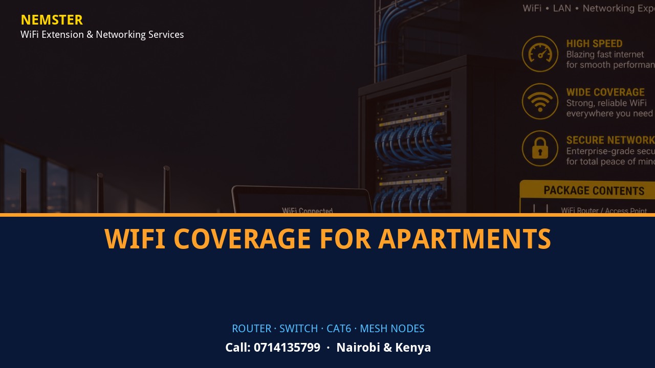Close-up of router, PoE switch, Cat6 cabling and professional networking equipment — WiFi Coverage for Apartments by Nemster in Nairobi & Kenya
