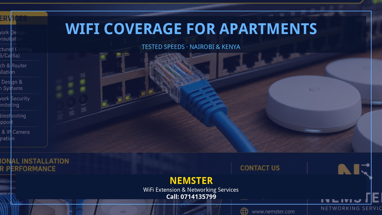 Resident using a laptop in an apartment with strong reliable WiFi coverage — WiFi Coverage for Apartments by Nemster in Nairobi & Kenya