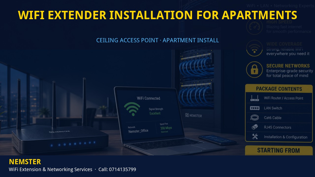 Technician installing a ceiling WiFi access point in an apartment corridor — WiFi Extender Installation for Apartments by Nemster in Nairobi & Kenya