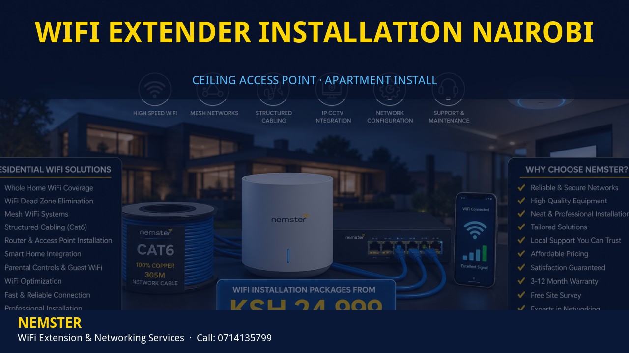 Technician installing a ceiling WiFi access point in an apartment corridor — WiFi Extender Installation Nairobi by Nemster in Nairobi & Kenya