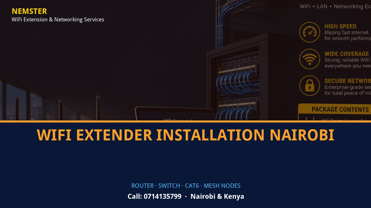 Close-up of router, PoE switch, Cat6 cabling and professional networking equipment — WiFi Extender Installation Nairobi by Nemster in Nairobi & Kenya