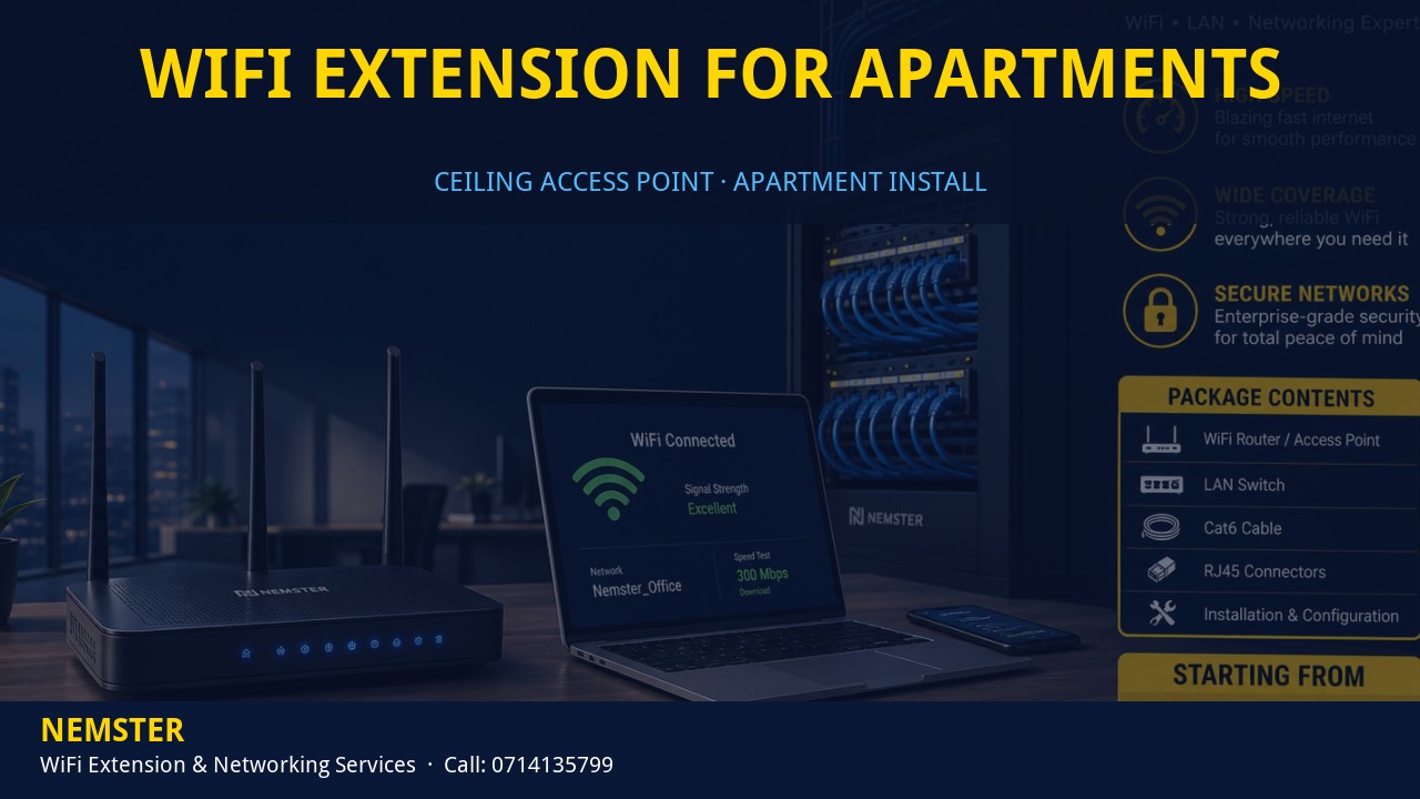 Technician installing a ceiling WiFi access point in an apartment corridor — WiFi Extension for Apartments by Nemster in Nairobi & Kenya