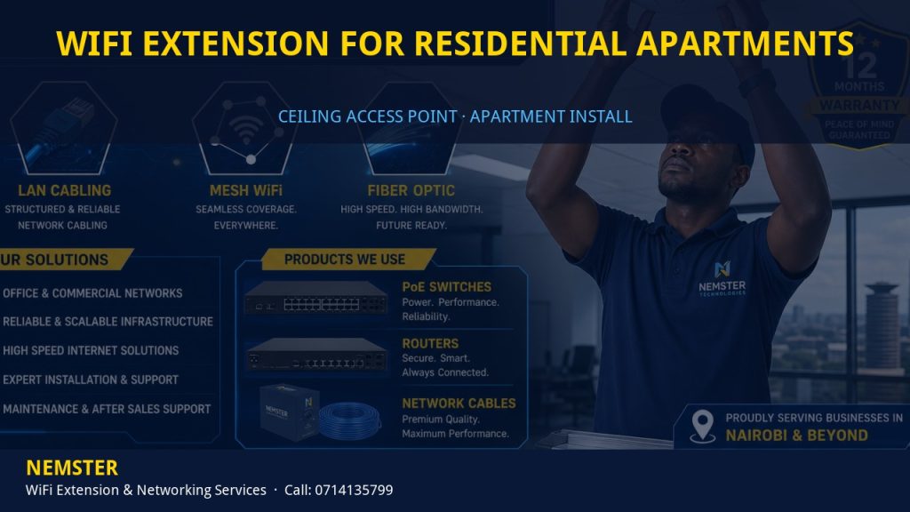 Technician installing a ceiling WiFi access point in an apartment corridor — WiFi Extension for Residential Apartments by Nemster in Nairobi & Kenya