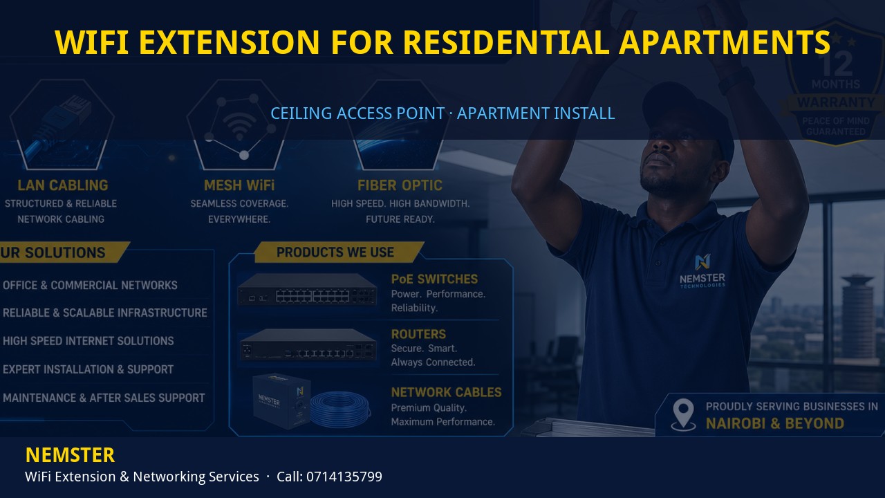 Technician installing a ceiling WiFi access point in an apartment corridor — WiFi Extension for Residential Apartments by Nemster in Nairobi & Kenya