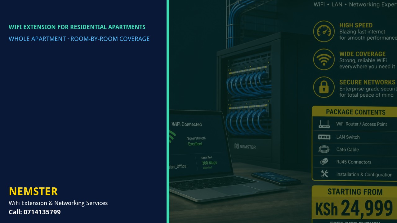 Modern apartment with multi-room WiFi coverage reaching lounge and bedrooms — WiFi Extension for Residential Apartments by Nemster in Nairobi & Kenya